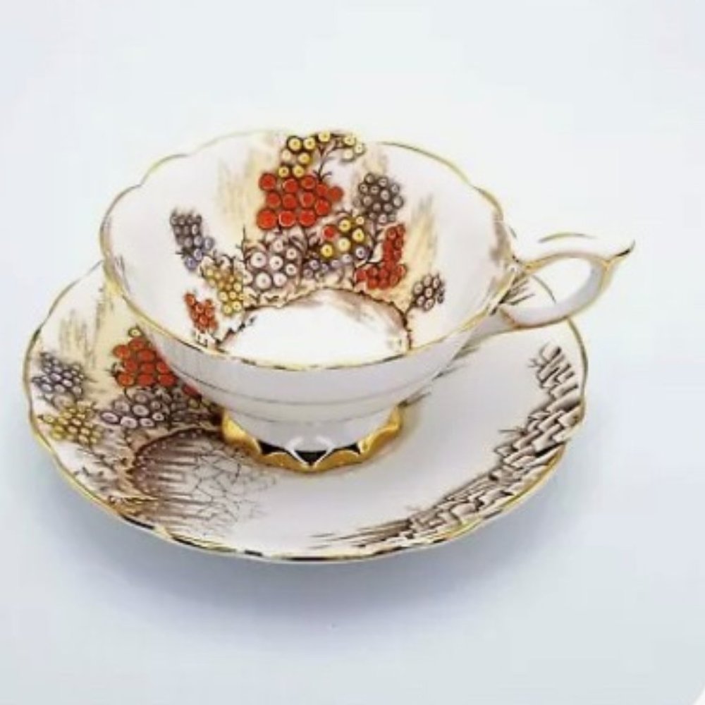 Royal Stafford teacup and saucer golden bramble.  Royal Blue Berry Garden